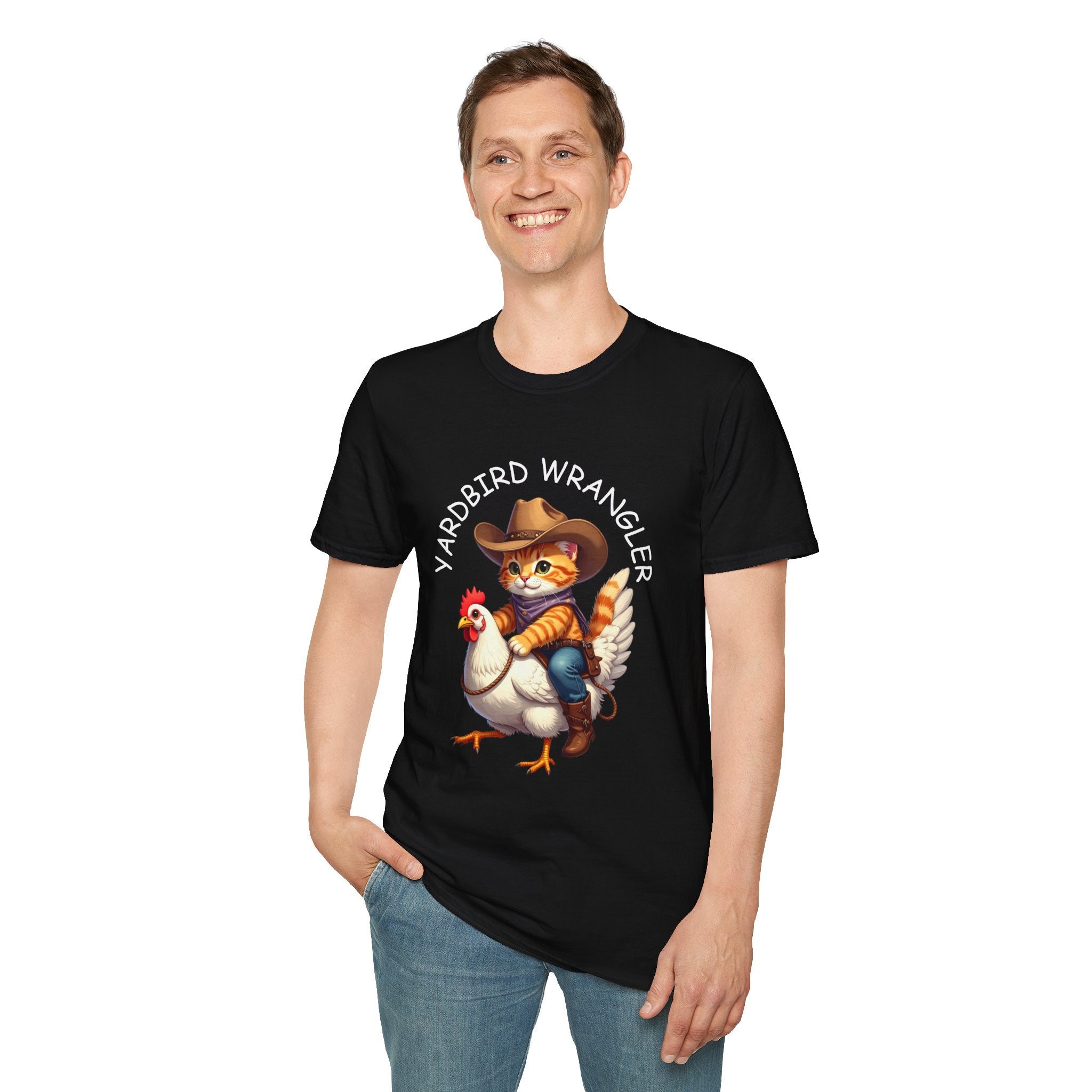 Chicken Wrangler T-Shirt — Cute Cowboy Cat Riding Chicken Graphic Tee