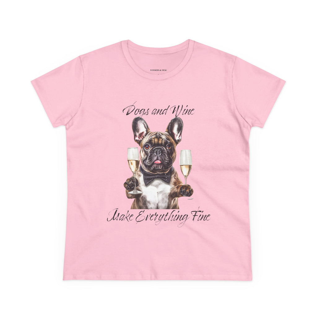 Pink t-shirt with a dog holding wine glasses and text on a white background
