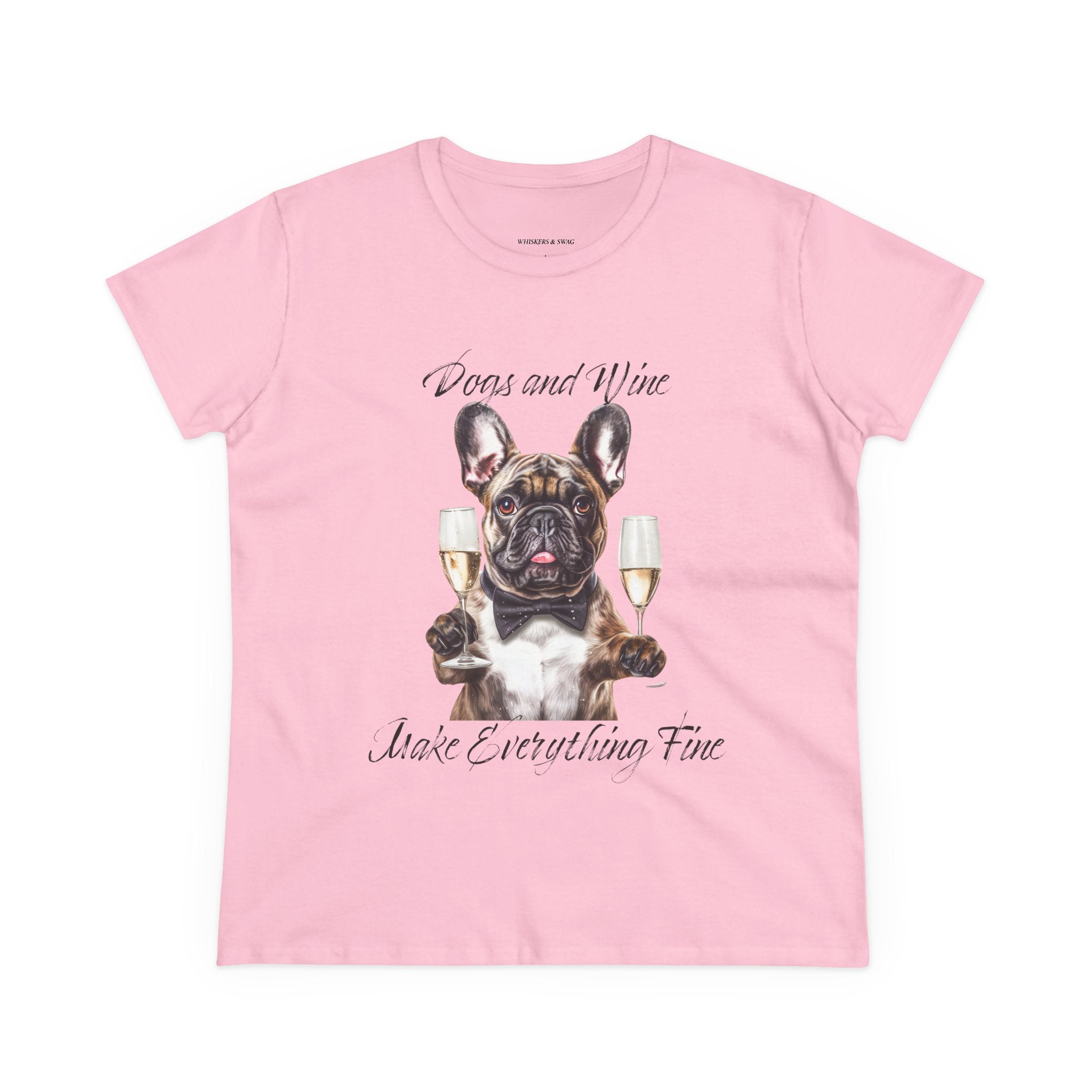 Pink t-shirt with a dog holding wine glasses and text on a white background