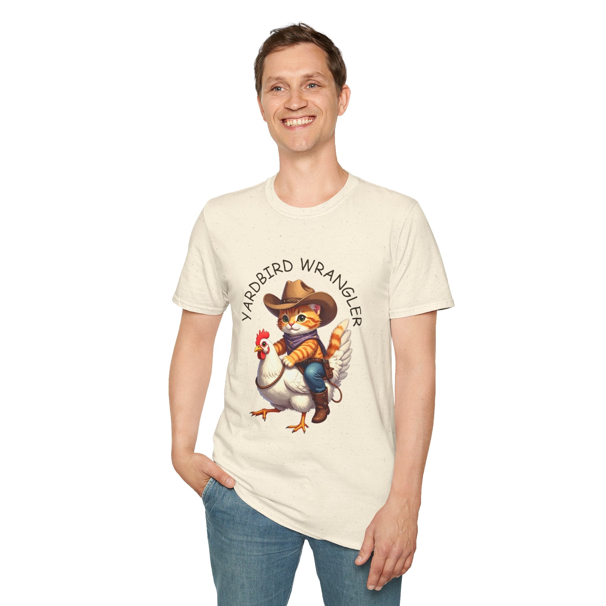 Chicken Wrangler T-Shirt — Cute Cowboy Cat Riding Chicken Graphic Tee
