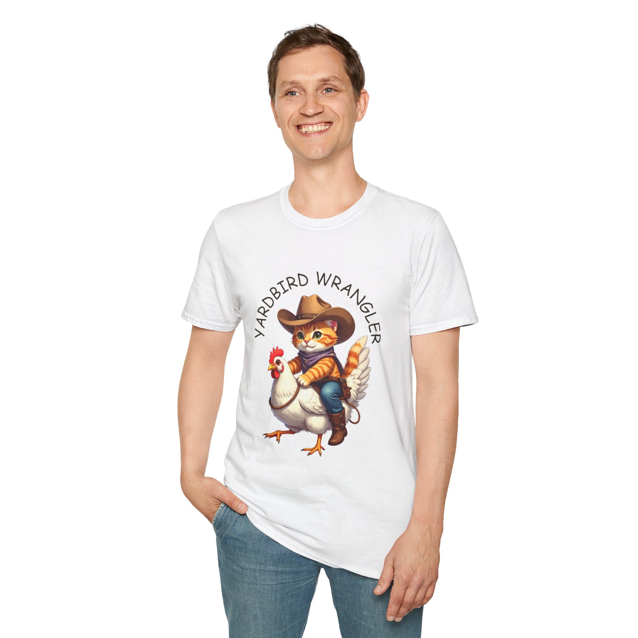 Chicken Wrangler T-Shirt — Cute Cowboy Cat Riding Chicken Graphic Tee